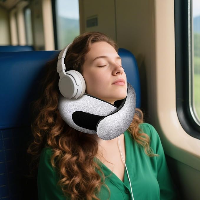 Travel Neck Pillow for Airplanes, 100% Memory Foam Neck Pillow for Sleeping, 360° Neck Support Pillow, Compact and Ergonomic Design for Travel, Car Rides, Airport (Light Grey)