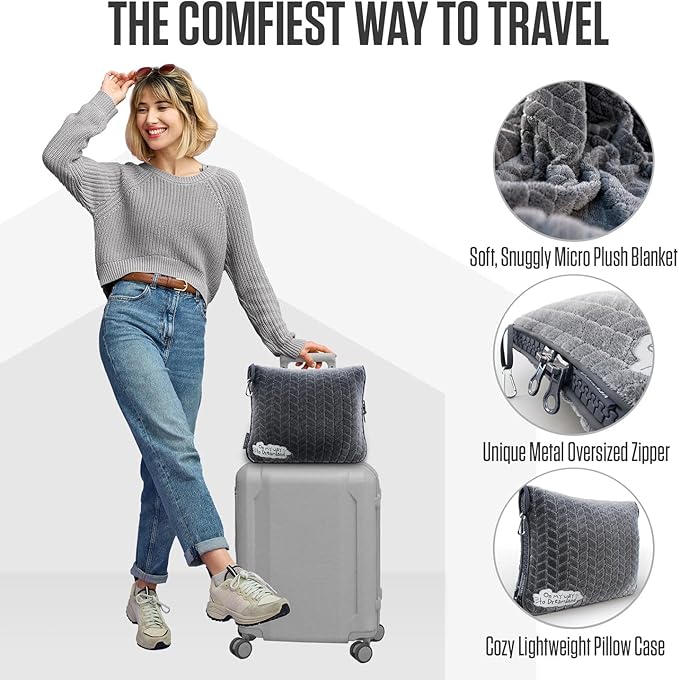 VENTURE 4TH Travel Blanket Pillow – Premium Ultra-Soft & Warm 2-in-1 Blanket or Pillow for Airplane, Car & Bus – Compact, Lightweight & Portable – Lint-Free, No Shedding, No Pilling - Gray