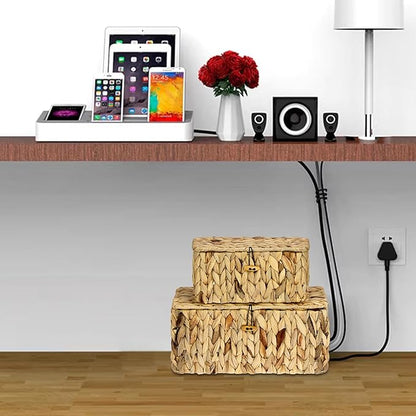 BTSKY Woven Cable Management Box with Lid, Water Hyacinth Cord Organizer for Desk, Cable Organizer Box with 2-Open Slots to Hide Power Strips USB Hubs for Home & Office, Pet Proofing Cord Basket, L+S