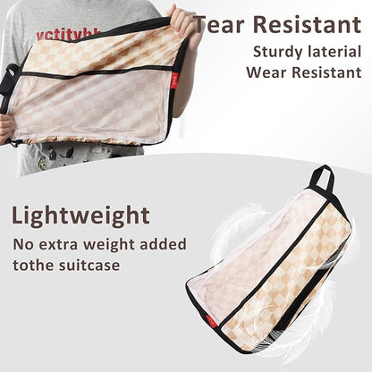 U+U 8 Set Compression Packing Cubes - Ultralight Travel Organizers with Laundry Bag and Cosmetic Bag, Space-Saving Suitcase Organizer for Travel, Business Trip and Family Vacation (Khaki Checkered)