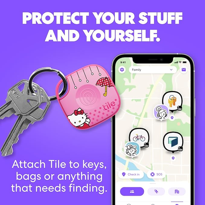 Tile by Life360 Starter Pack - Bluetooth Trackers and Item Finders for Keys, Wallets & More. Both iOS and Android Compatible. Phone Finder. 2-Pack, Mate/Slim (Tile x Hello Kitty: Rainy Day Adventures)