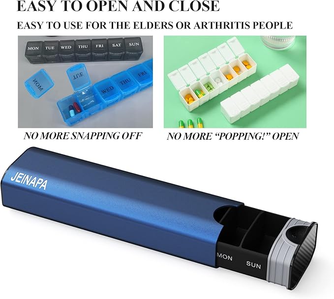 Extra Large Pill Organizer 7 Day, Aluminum Daily Pill Box, Weekly Travel Pill Case, Cute Pill Holder to Hold Vitamins, Medicines, Pills, Supplements