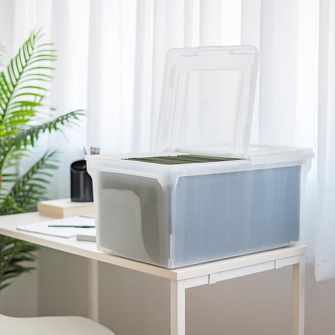 IRIS USA File Box File Organizer w/ Hinged Split Latching Lid for Letter/Legal File, Water Resistant Document Box, BPA-Free, Plastic Storage Bin Tote Organizer, Stackable, Nestable, Clear 44 Qt. 5Pack