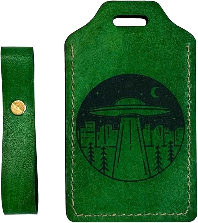 Mayan Corner - Leather Handmade Luggage Tag with UFO Alien Design, Green, ID Window, Brass Hardware