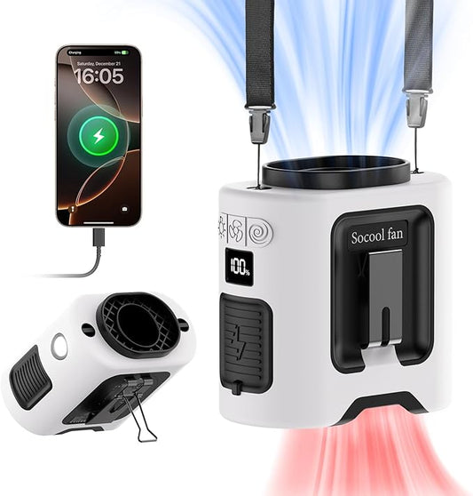 Socool 14500mAh Portable Waist Fan Clip on Belt 360 Rotation Wearable Rechargeable Personal Shirt Fan, 67H Cooling 5-Speed Battery Operated Fans with Light, Neck Fan Hanging for Outdoor Camping Travel