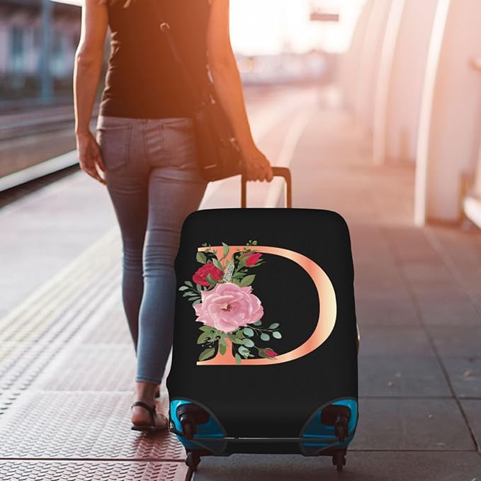 Floral Letter D Travel Luggage Cover Spandex Suitcase Protector Elastic Washable Stretch Suitcase Cover,Size M(Fit 22-24inch Suitcase)