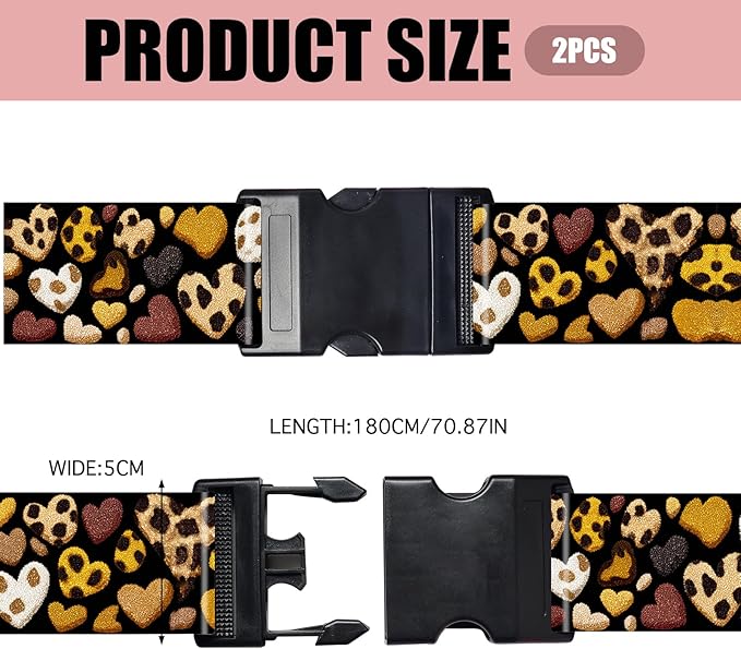 Nuxovilar Luggage Straps of 2 Set Leopard Print Hearts Pattern, 1.96x90.5 inches - Luggage Straps for Suitcases, Great for Travel, Romantic Trips, Daily Use