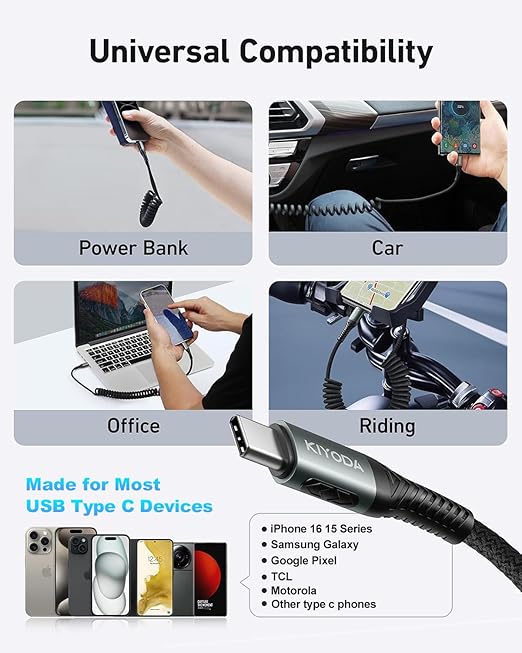 USB C to USB C Cable Coiled 3FT 2Pack, Braided Type C Charger for Car 66W Fast Charging Cord Compatible with iPhone 17 16 15, iPad, Samsung Galaxy, Google Pixel, Moto, LG, TCL Phones