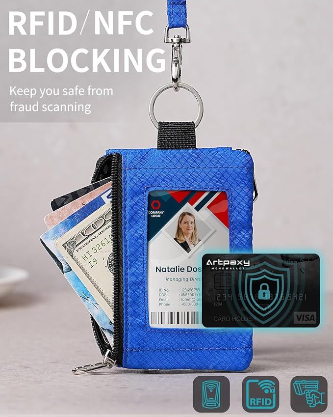 Minimalist Wallet For Mens Womens, Keychain RFID Blocking Zipper Small Wallet with ID Window 2 Lanyards,Water Resistant Travel Cash Card Coin Case Boys Girls