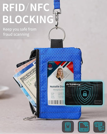 Minimalist Wallet For Mens Womens, Keychain RFID Blocking Zipper Small Wallet with ID Window 2 Lanyards,Water Resistant Travel Cash Card Coin Case Boys Girls