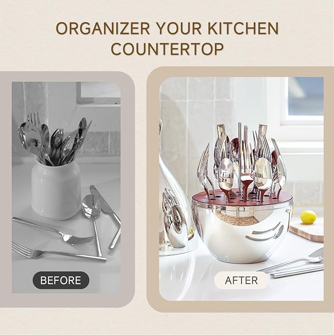 KINGSTONE Silverware Set with Waterdrop Storage Organizer, Luxury 20 Piece Flatware Set for 4, 18/10 Stainless Steel Cutlery Set with Diamond Cut Pattern Ideal for Kitchen,Party and Gift