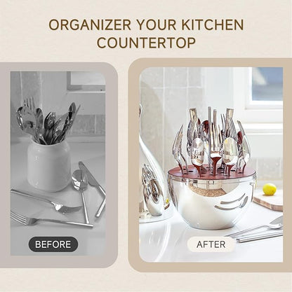 KINGSTONE Silverware Set with Waterdrop Storage Organizer, Luxury 20 Piece Flatware Set for 4, 18/10 Stainless Steel Cutlery Set with Diamond Cut Pattern Ideal for Kitchen,Party and Gift