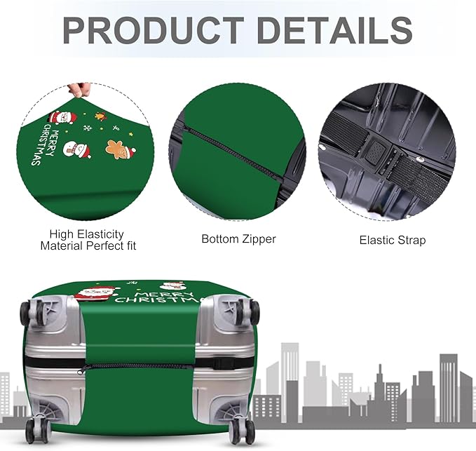 ANNA QUEEN Merry Christmas Luggage Cover, Holiday-Themed Protector with Santa, Gingerbread & Snowman, Stretchable & Washable Travel Sleeve for 20-34 Inch Luggage