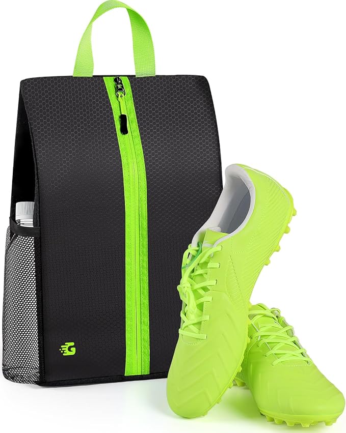 Smell Proof Shoe Bags for Travel-Soccer Cleat Bag Smell Proof with Active Carbon Fabric | Odor-Absorbing Water-Resistant Track Shoe bags for Sports (Black with Green, UP TO US11)