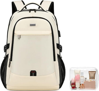 DUSLANG 17 Inch Laptop Backpack for Travel Water Resistant College Backpack for Women Laptop Bag with USB Charging Port and Clear Toiletry Bag Work Backpack,Beige A