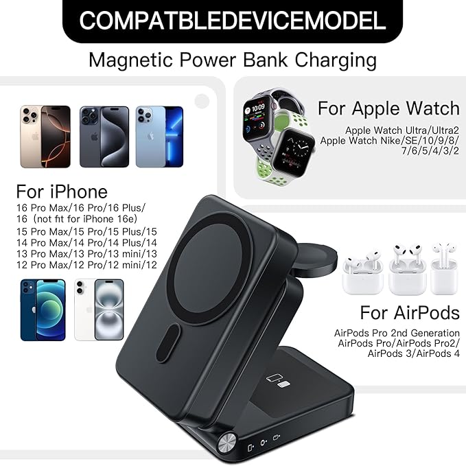 HUOTO 3 in 1 Foldable Magnetic Wireless for iPhone Charging Station,10000mAh Portable Charger Power Bank with Stand for MagSafe Battery Pack for iPhone 17/16/15/14/13/12 Series/Apple Watch/Air pods