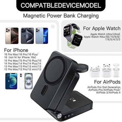 HUOTO 3 in 1 Foldable Magnetic Wireless for iPhone Charging Station,10000mAh Portable Charger Power Bank with Stand for MagSafe Battery Pack for iPhone 17/16/15/14/13/12 Series/Apple Watch/Air pods