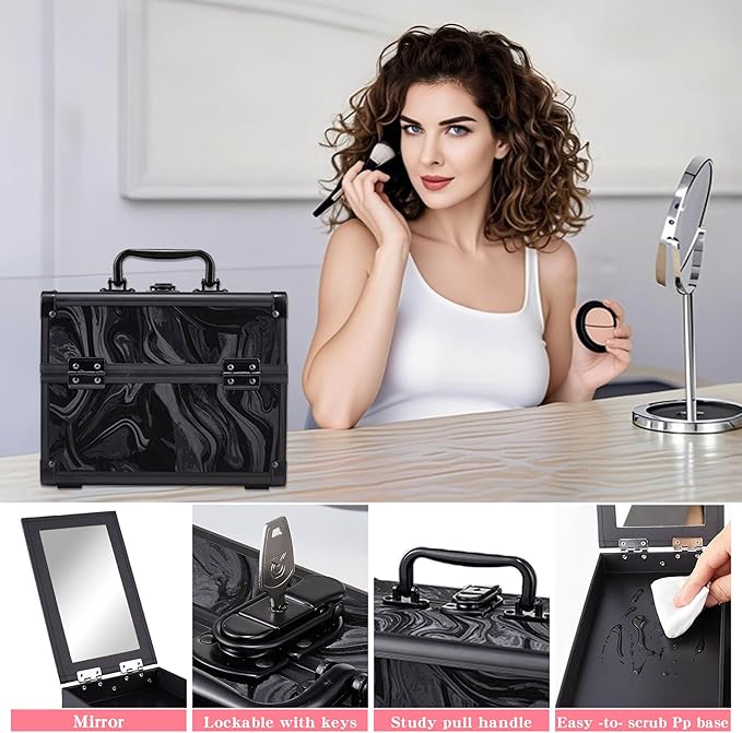 Makeup Train Case, Portable Makeup Case with Mirror, 2-Trays Cosmetic Organizer Case,Nail Polish Organizer, Travel Makeup Box, Profesional for Salon Barber, Pattern Black