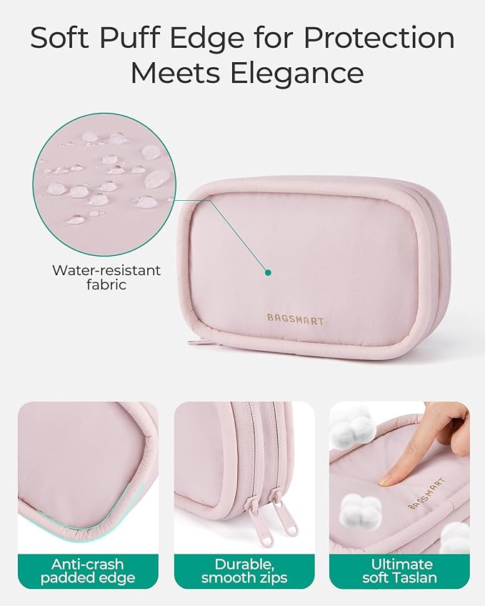 BAGSMART Cord Organizer Travel Cable Bag, Compact Tech Electronic Organizer Travel Case, Essentials for Charger, Cable, Phone, Flash drive, Double Layers (Pink)