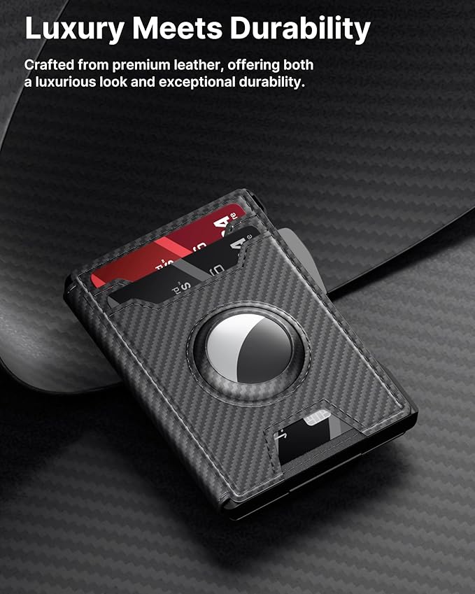 typecase AirTag Wallet for Men: Pop Up Card Case, Secure Holder for Apple Air Tag, Premium Leather, Smart, RFID Blocking, Slim, Minimalist, 13 Cards Capacitiy | ID Window | Money Clip (Carbon Fiber)