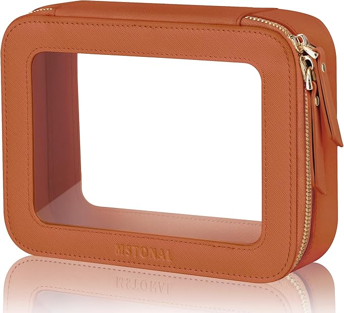 Clear Makeup Bag, Travel Toiletry Bag Cosmetic Case for Women, Waterproof Portable Make Up Skincare Pouch with Zipper, Compact Car Organizer Bag for Essentials, Medium Size, Brown