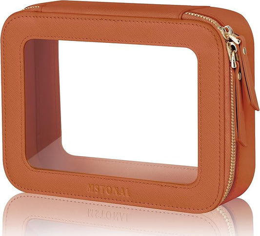 Clear Makeup Bag, Travel Toiletry Bag Cosmetic Case for Women, Waterproof Portable Make Up Skincare Pouch with Zipper, Compact Car Organizer Bag for Essentials, Medium Size, Brown