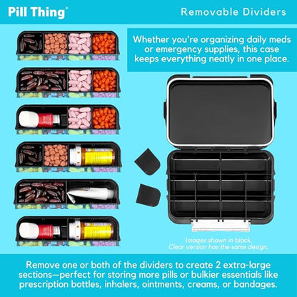 12 Compartment Large Pill Case with Airtight Seal - Silicone Gasket Waterproof Med Box with Medication Map & Medical Alert Card (Clear, 2 Pack)