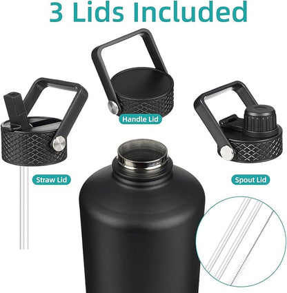 Gallon Insulated Water Bottle with Straw,128 oz 3 Lids Water Jug with Carrying Bag,Paracord Handle, Double Wall Vacuum Stainless Steel Metal Flask,Black