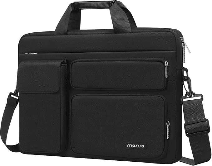 MOSISO Laptop Shoulder Bag 15.6 inch, 15-15.6 inch Computer Bag Compatible with MacBook Pro 16 inch, HP, Dell, Lenovo, Notebook with 2 Raised&1 Flapover&1 Horizontal Pocket&Handle&Belt, Black