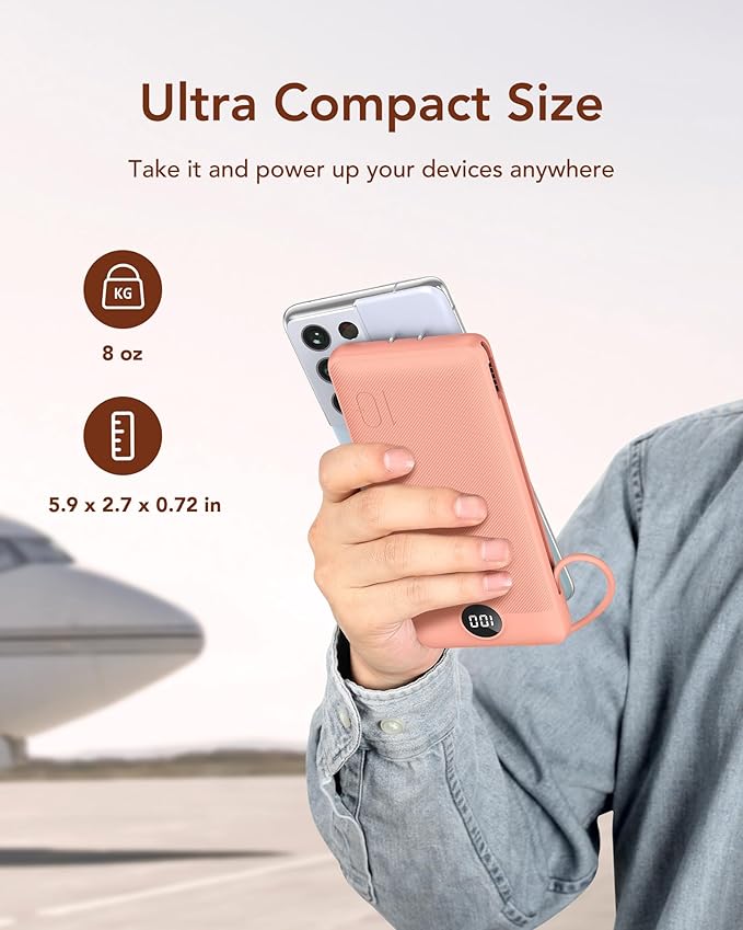 VEGER Portable Charger for iPhone Built in Cables and Wall Plug, 10000mah Slim Fast Charging USB C Power Bank, Travel Essential Battery Pack Compatible with iPhones, iPad, Samsung(Dark Pink)