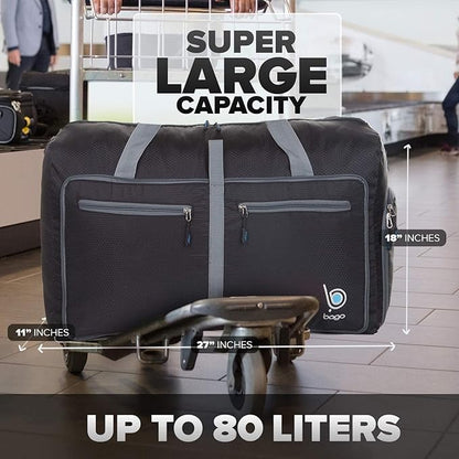 Bago Large Foldable Duffel Bags for Traveling Women & Men - 80L Packable Duffle Bag for Travel with Shoe Compartment - Water Repellant, Heavy Duty, Lightweight Folding & Collapsible (Black)