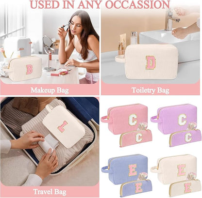 Personalized Initial Makeup Bag Trendy Stuff Corduroy Cosmetic Bag Travel Toiletry Bag, Christmas/Thanksgiving/Halloween Gifts Makeup Organizer Case for Women Girls Mom Girlfriend Wife - White