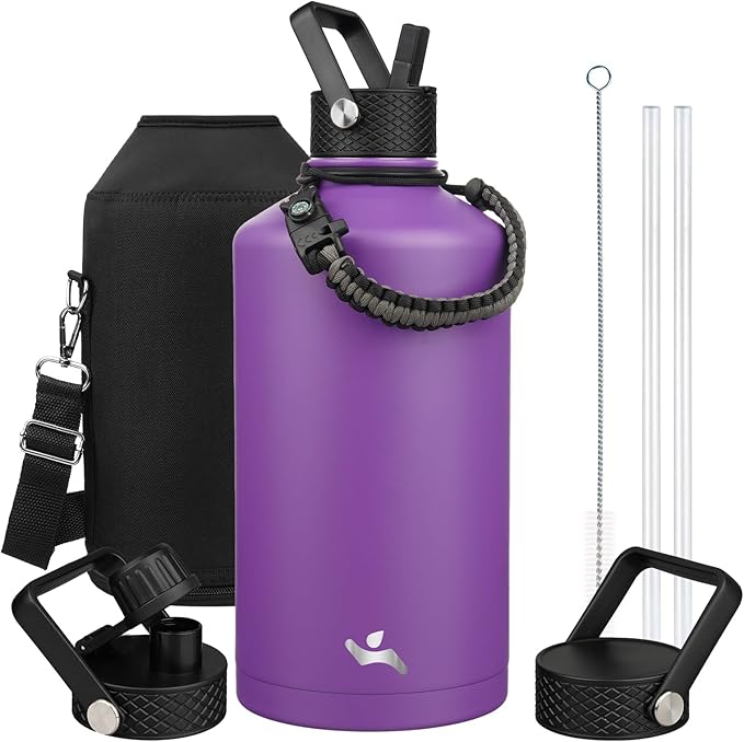 Gallon Insulated Water Bottle with Straw,128 oz 3 Lids Water Jug with Carrying Bag,Paracord Handle, Double Wall Vacuum Stainless Steel Metal Flask,Purple