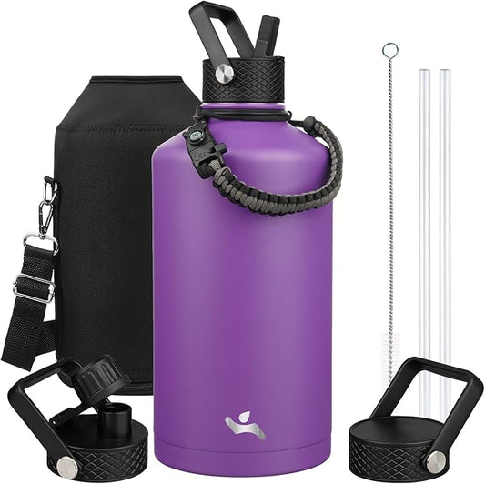 Gallon Insulated Water Bottle with Straw,128 oz 3 Lids Water Jug with Carrying Bag,Paracord Handle, Double Wall Vacuum Stainless Steel Metal Flask,Purple
