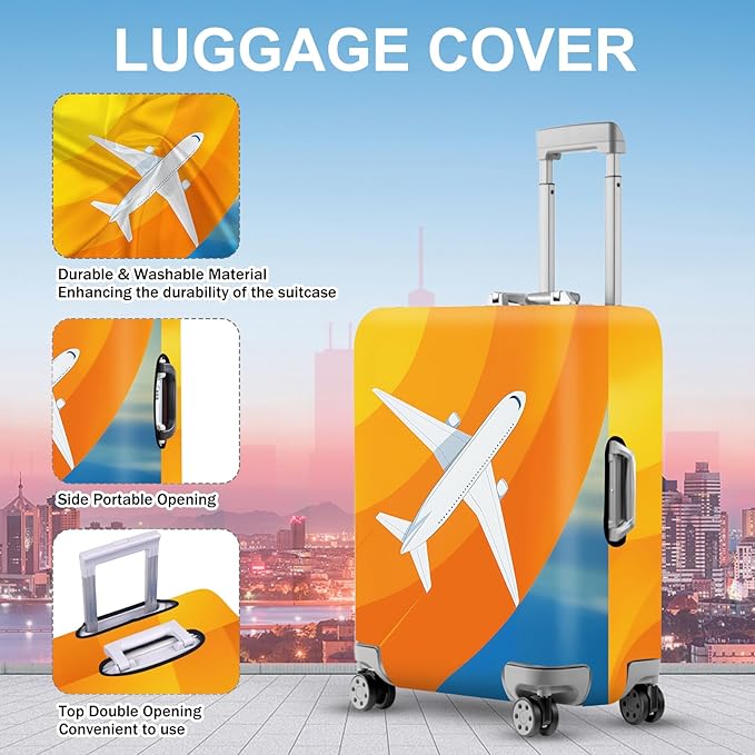 ANNA QUEEN Airplane in the Sky Luggage Cover, Minimalist Airplane & Orange Design, Stretchable, Washable Travel Sleeve for 20-34 Inch Luggage