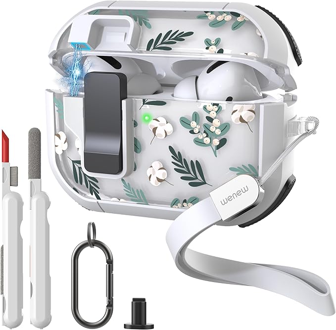 WENEW Case for AirPods Pro & Pro 2 Case Cover Secure Lock Automatic Snap Switch Clip Cleaner Kit Lanyard Women Stylish Leaf Full Body Hard Shell Front LED Visible (Green Leaves, AirPods Pro & Pro 2)