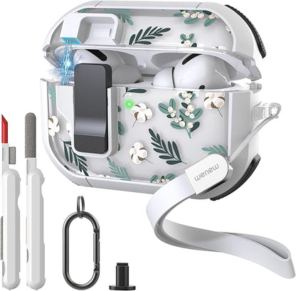 WENEW Case for AirPods Pro & Pro 2 Case Cover Secure Lock Automatic Snap Switch Clip Cleaner Kit Lanyard Women Stylish Leaf Full Body Hard Shell Front LED Visible (Green Leaves, AirPods Pro & Pro 2)