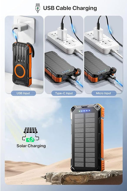 Solar Power Bank 49800mAh Wireless Portable Charger with USB-C 15W Fast Charging with 4 Built-in Cables LED Flashlight Battery Pack Compatible with iPhone, iPad, Smartphone,Perfect for Camping, Hiking