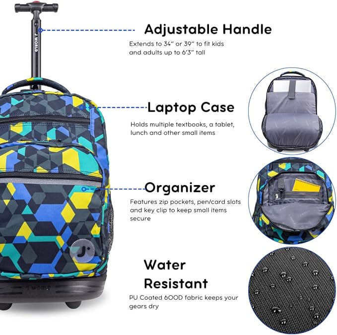 J World Sundance Laptop Rolling Backpack for Girls Boys. Roller Bookbag with Wheels, Cubes