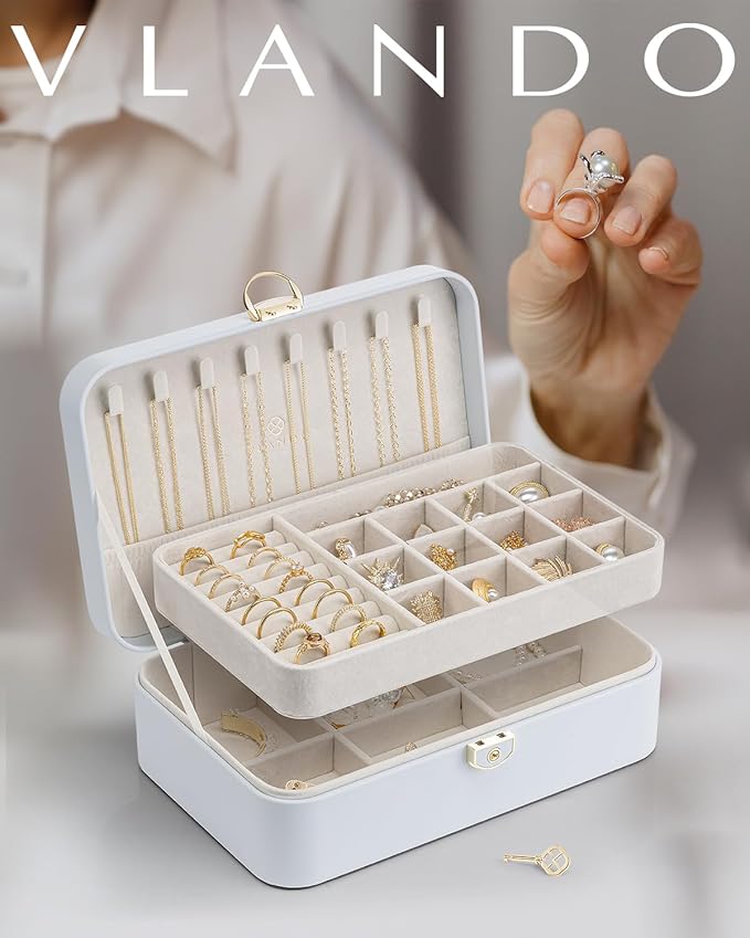 Vlando Jewelry Box Organizer for Women Girl,Lockable Jewelry Case Boxes with 2 Layers,Earrings Necklace,Rings Storage,Gift Box Packaging,Wedding Birthday Gifts Ideas Blue