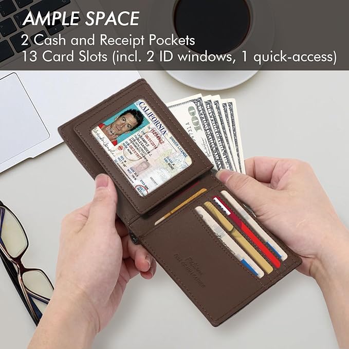 Full Grain Leather Wallet for Men, RFID Blocking, Mens Wallet Bifold with 2 ID Windows, Billfold with 13 Card Slots, Leather Gift for Men, American Flag Wallet Red