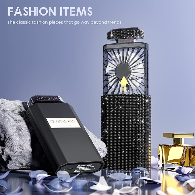 LIGHTDESIRE DIY Bling Crystal Rhinestones Handheld Fan, Mini Personal Fan, Cooling Small Fan Rechargeable 3 Speeds Mode with Crystal Rhinestones Sticker Sheet(Black Fan with DIY Diamon)