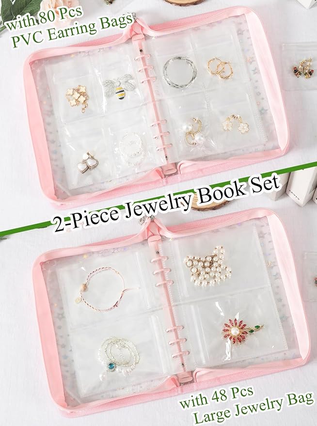 Jewelry Organizer Storage Book Travel Large Clear Earring Storage Case Transparent Bracelet Organizer Case (Pink, Set Pack of 2 Jewelry books)