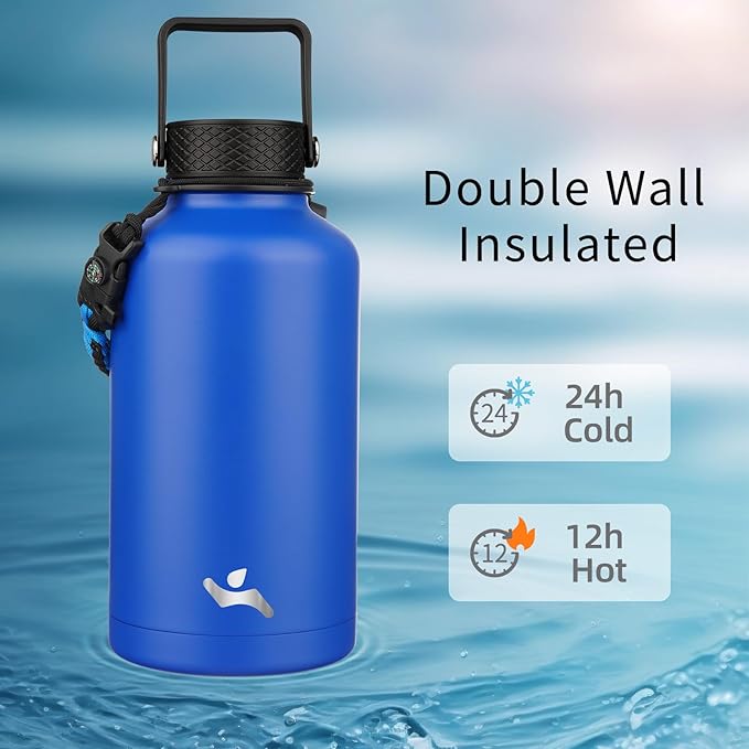 Half Gallon Insulated Water Bottle with Straw,64 oz 3 Lids Water Jug with Carrying Bag,Paracord Handle,Double Wall Vacuum Stainless Steel Metal Flask,Blue