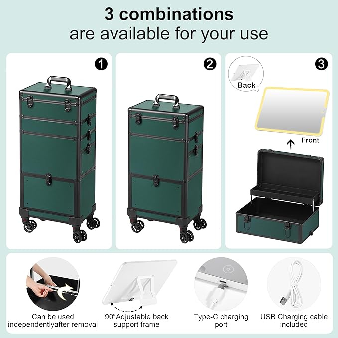 Makeup Train Case with LED Mirror, Rolling Makeup Case with Drawers, Cosmetology Case on Wheels, Gift, Travel Makeup Organizers, Profesional Cosmetic Case for Salon Barber,Nail,Tattoo,Green