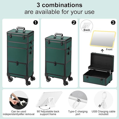 Makeup Train Case with LED Mirror, Rolling Makeup Case with Drawers, Cosmetology Case on Wheels, Gift, Travel Makeup Organizers, Profesional Cosmetic Case for Salon Barber,Nail,Tattoo,Green