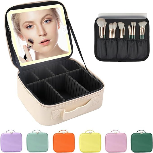 Travel Makeup Bag with LED Lighted Mirror, Travel Makeup Organizer,3 Color Setting Cosmetic Makeup Box, Adjustable Dividers and Brush Holder（white）