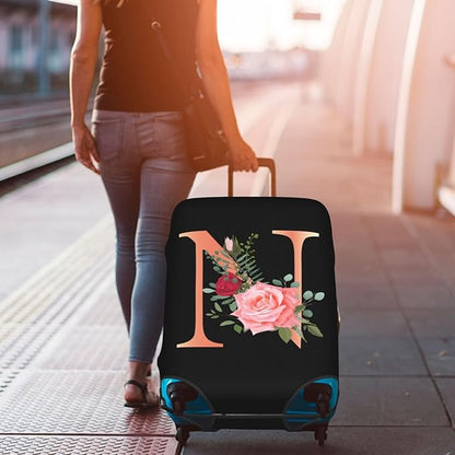 Floral Letter N Travel Luggage Cover Spandex Suitcase Protector Elastic Washable Stretch Suitcase Cover,Size XL(Fit 29-32inch Suitcase)