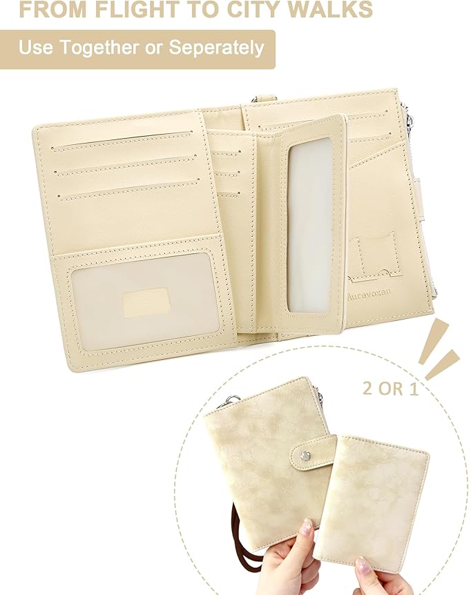 Passport Wallet for Travel, Luxury Vegan Leather RFID Blocking Passport Holder & luggage tag for Women Men, Wristlet Wallet with Zipper Pocket, Couple Travel Essentials