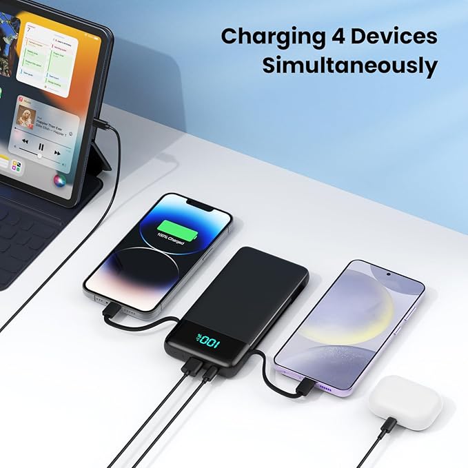 Portable Charger for iPhone with Built-in Cables and Wall Plug,Upgraded 13800mAh Fast Charging USB C Power Bank,4 Outputs Slim Travel Essential Battery Pack for iPhone 17/16/15/14/13,Galaxy,Android